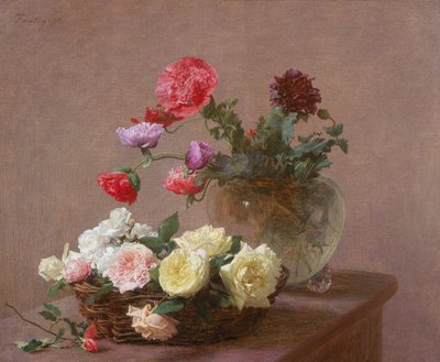 Valmuer i en krystalvase eller kurv med roser, 1890 af Ignace Henri Jean Fantin Latour