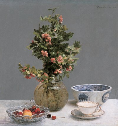 Stilleben med vase af tjørn, skål med kirsebær, japansk skål og kop og underkop af Ignace Henri Jean Fantin Latour
