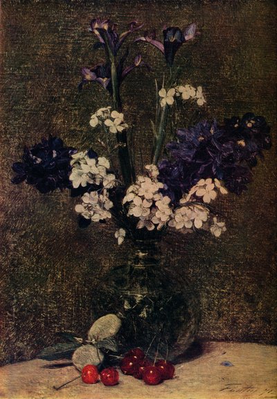 Vase med blomster, med kirsebær og mandler på bordet, Nature morte, iris, Delphinium hybrider a af Ignace Henri Jean Fantin Latour