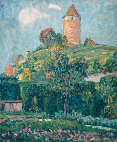 Udsigt over Romont (olie på pap) af Ignace Nazaire Oswald Pilloud