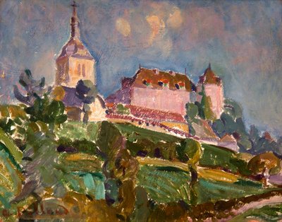 Udsigt over slottet og kirken Gruyères, ca. 1925-30 (olie på pap) af Ignace Nazaire Oswald Pilloud
