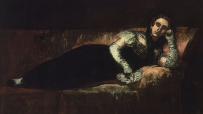 (LIGGENDE KVINDE MED MANTILA PÅ HOVEDET OG HANDSKER) - TYVENDE ÅRHUNDREDE af Ignacio Zuloaga y Zabaleta