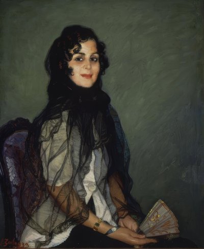 ANGUSTIAS AF HVID MED SORT MANTILLA OG VENTILATOR - XX CENTURY - O/L - 95X79CM af Ignacio Zuloaga y Zabaleta