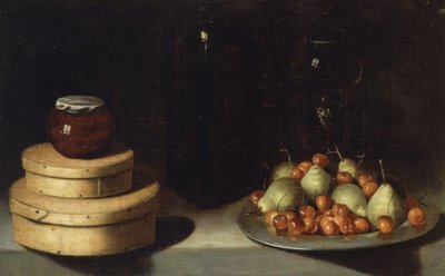 STILLEV (BAKKE MED KIRSEBÆR OG PÆRER, ÆSKER OG FLASKE HONNING) - XX ÅRHUNDREDE af Ignacio Zuloaga y Zabaleta