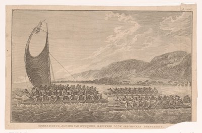 Hawaiianere og deres konge sejler i kanoer til James Cook for at bringe ham gaver Terreeoboo, konge af Owijhee, kaptajn Cook bringer gaver (titel på objektet) af Ignaz Sebastian Klauber (possibly)