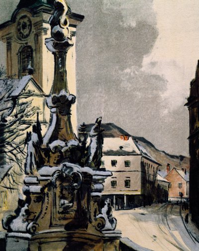 Udsigt over Hainburg an der Donau, Østrig, byen hvor Franz Joseph Haydn (1732-1809) studerede musik mellem 1738 og 1740, Trykt af Igo Potsch (1884-1943) for at fejre 100-året for musikerens død af Igo Potsch