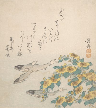 Fisk, der svømmer med gule blomster, ca. 1830. af Ikeda Eisen