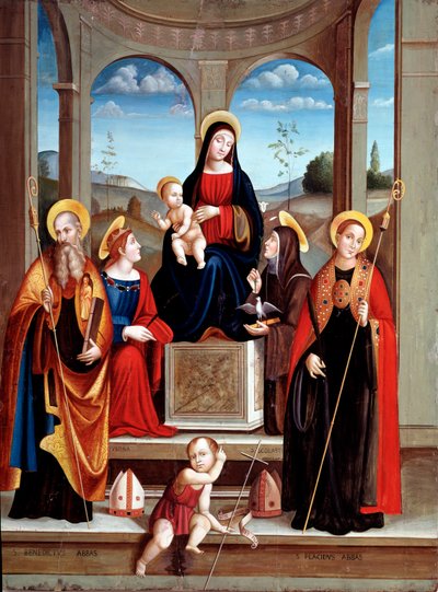 Madonna med barnet og den hellige Benedikt af Nursia, Justine, Placide og Scolastica (olie på træ, ca. 1515) af Il  Francia