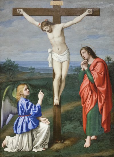 Den korsfæstede Kristus mellem en engel og Johannes Evangelisten, ca. 1640 (olie på lærred) af Il (1609 85) Sassoferrato