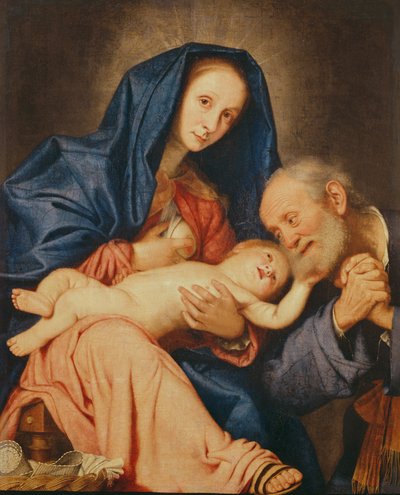 Den hellige familie med en kurv af Il Sassoferrato