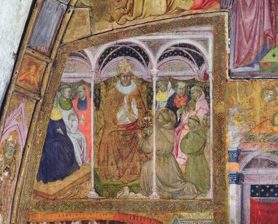 Den hellige Frans bønfaldende pave Honorius III om bekræftelse af aflad, fresko fra Porziuncola, 1393 af Ilario da Viterbo