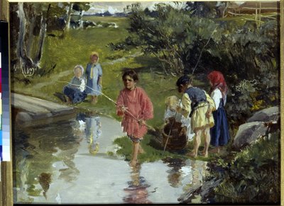 Children Fishing af Pryanishnikov, Illarion Mikhailovich (1840-1894) af Illarion Mikhailovich Pryanishnikov