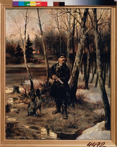 Woodcock Hunting - The Woodcock Shooting - Maleri af Illarion Mikhailovich Pryanishnikov (1840-1894), olie på lærred af Illarion Mikhailovich Pryanishnikov