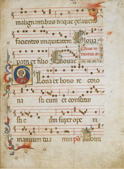 Manuskriptblad med en kvindelig helgen muligvis Dorothy i et indledende G..., ca. 1330-40. af Illustratore