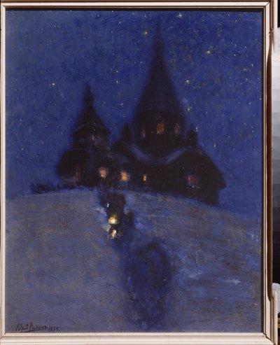Kirke i Kuokkala (eller Repino, Rusland) juleaften. Maleri af Yuri Ilyich Repin (Youri Repin) (1877-1954), olie på træ, omkring 1910. Russisk kunst, 20. århundrede. I. Repin Memorial Museum Penates, Sankt Petersborg. af Ilya Efimovich Repin