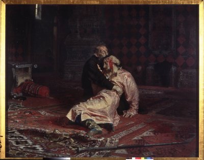 Ivan IV den Forfærdelige (1530-1584) omfavner sin søn Ivan Ivanovich (1554-1581), som han netop har såret dødeligt under et skænderi, fredag ​​den 16. november 1581. Maleri af Ilya Yefimovich Repin (Ilia Repin) (19344) , olie på lærred af Ilya Efimovich Repin