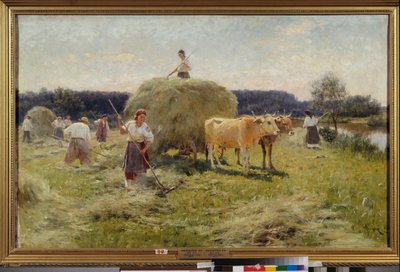 Høfremstilling (landbrugsscene om sommeren, bønder samler hø i et oksehold) - Høfremstilling - Maleri af Nikolai Kornilovich Pimonenko (1862-1912), olie på lærred af Ilya Efimovich Repin