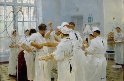 Kirurgen Ivan Pavlov (1849-1936) på en operationsstue (Kirurgen Pavlov på en operationsstue). Omgivet af sit medicinske team, assistenter og sygeplejersker opererer kirurgen en syg patient. Maleri af Ilya Yefimovich Repin (Ilia Repin) (1 af Ilya Efimovich Repin