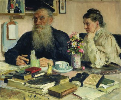 Leo Tolstoy med sin kone i Yasnaya Polyana, 1907 af Ilya Efimovich Repin
