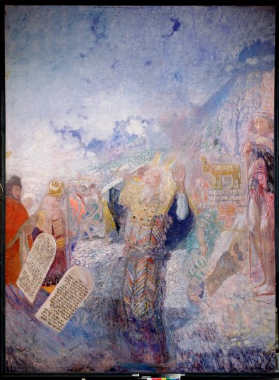 Moses og de ti bud. Bag ham, Guldkalven. Maleri af Yuri Ilyich Repin (Youri Repin) (1877-1954), olie på lærred, ca. 1930. Russisk kunst, 20. århundrede, moderne kunst. I. Repin Memorial Museum Penates, Sankt Petersborg. af Ilya Efimovich Repin