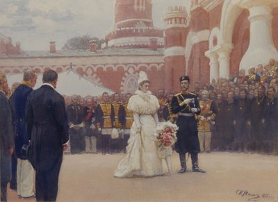 Nicholas II modtog ældste i landdistrikterne den 18. maj 1896 i gården til Petrovsky Palace i Moskva, 1897 af Ilya Efimovich Repin