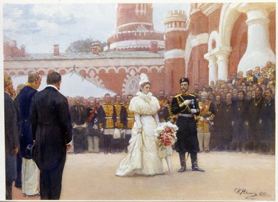 Nicholas II (1868-1918) og hans kone, Alexandra Fedorovna (eller Alexandra Fedorovna) (1872-1918), modtog de ældste i landdistriktet, 18. maj 1896, i gården til Petrovsky-paladset i Moskva. (Nicholas II modtager ældste i landdistrikterne den 18. maj af Ilya Efimovich Repin