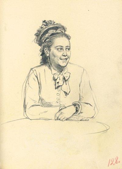 Studie til "A Parisian Cafe": Siddende kvinde med sløjfe og foldede hænder, ca. 1872-1875 af Ilya Efimovich Repin
