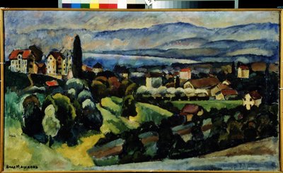 Udsigt over byen Nervi (Italien) Beskrivelse af landskabet og den lille by på kysten af ​​den italienske riviera, nær Genova, om sommeren. Maleri af Ilya Ivanovich Mashkov (Ilia Mashkov, Matchkov) (1881-1944), olie på lærred. af Ilya Ivanovich Mashkov