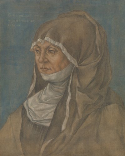 Portræt af en kvinde, der siges at være Caritas Pirckheimer 1467-1532. af Imitator of Albrecht Dürer