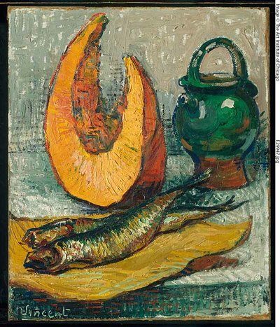 Stilleben: Melon, fiskekrukke af Imitator of Vincent van Gogh