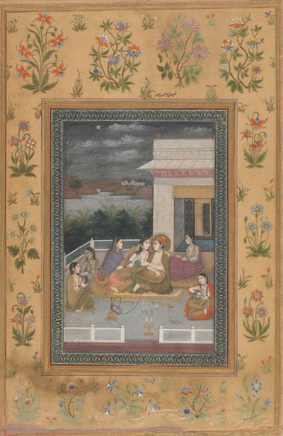 Et par på en terrasse omgivet af ledsagere og musikere af Indian 18th Century