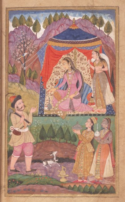 48.62 folio 138 Farhad fortæller om sine eventyr til prinsesse Shirin, fra Khusrau og Shirin, Deccani School, 1722 af Indian School