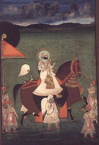 AS10 Album 43 nr.4514 Kat.nr. 514 iii Rana Sarup Singh (1842-61) fra Mewar rider på en kastanjehingst, hans holdere til fods bærer parasoller og kongelige indretninger, Udaipur, ca. 1855 af Indian School