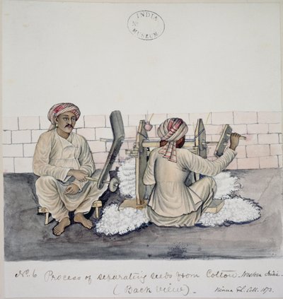 AS10 Vol.52 ff.3 4896.cat.201 i-iv To mænd egrenering af bomuld, Bombay, ca. 1873 (akvarel på papir) af Indian School