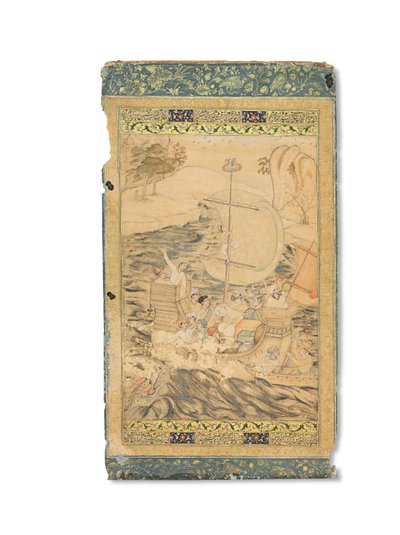 En karavel angrebet af et havmonster, Mughal Indien, ca. 1590 (ugennemsigtige pigmenter forstærket med guld og sølv på papir) af Indian School
