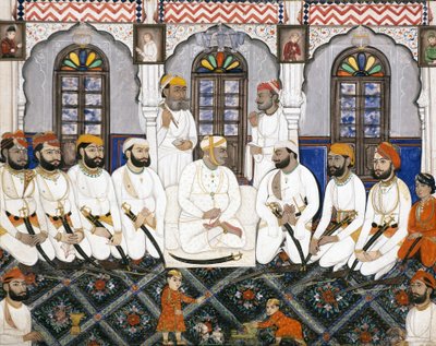 En Jaipur raja klædt til tilbedelse i durbar, ca. 1845 (ugennemsigtigt wc & guld på papir) af Indian School