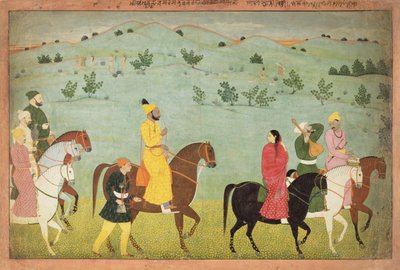 En Jasrota-prins, muligvis Balwant Singh, på rideekspedition af Nainsukh (fl. 1740-50) Kashmir, ca. 1751 af Indian School