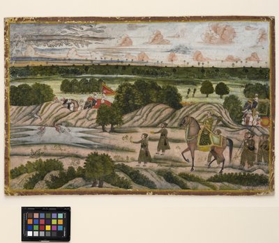 En Nawab og hans holdere på jagtekspedition, ca. 1780 (ugennemsigtig akvarel og guld på papir) af Indian School