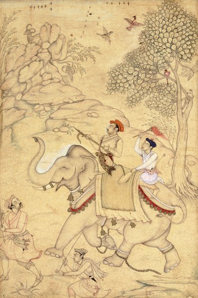 En prins på jagt, monteret på en elefant, ca. 1600-1650 af Indian School