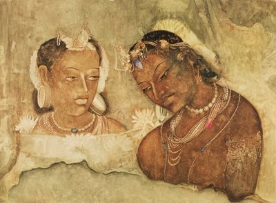 En prinsesse og hendes tjener, kopi af en fresko fra Ajanta-hulerne, Indien af Indian School