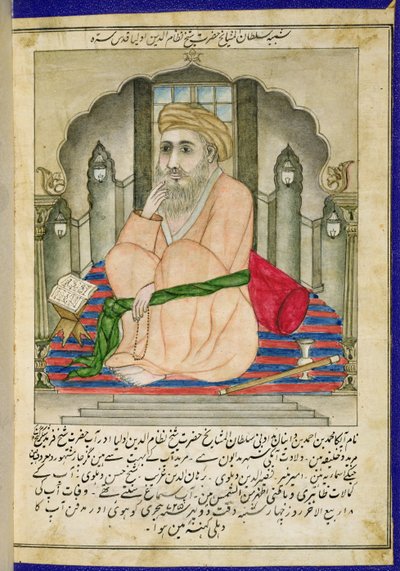 En sufi-vismand siddende i en niche, fra et album med miniaturer i persisk stil med deccan-tekst af Indian School
