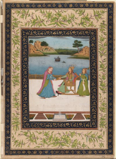 A Woman is Served Fruit on a Terrace, ca. 1770 (ugennemsigtigt wc, guld og sølv på papir) af Indian School