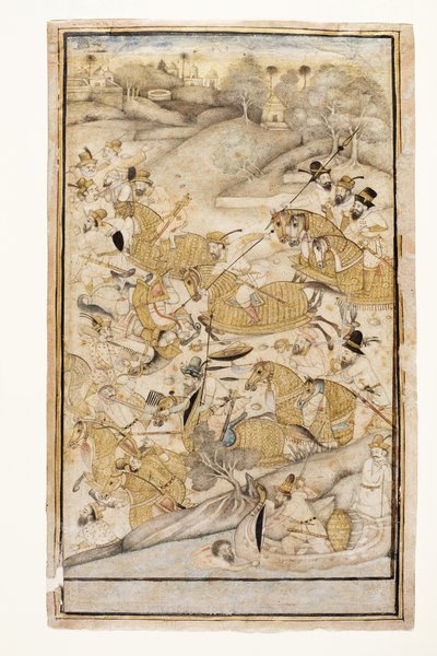 Et slag udkæmpet af europæere, ca. 1700 (ugennemsigtigt wc & guld på papir) af Indian School
