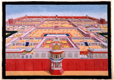 Et fugleperspektiv af Det Røde Fort i Delhi fra øst, der viser en kejser, sandsynligvis Shah Alam (1759-1806), der går ind i Diwan-i-Khas til højre, ca. 1780-90 (uigennemsigtig akvarel)) af Indian School
