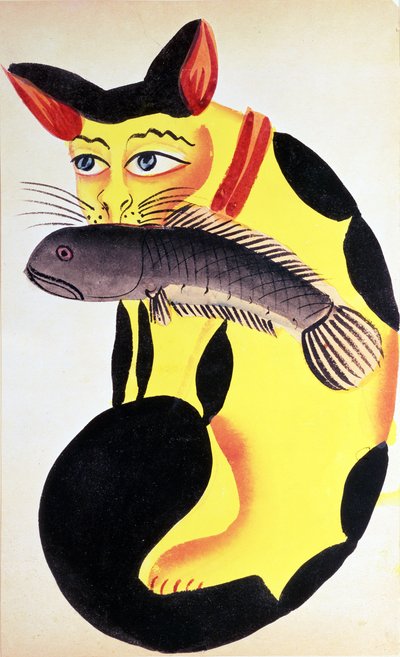 En kat med en fisk i munden, fra Rudyard Kipling-samlingen, Calcutta, ca. 1890 (wc på papir) af Indian School