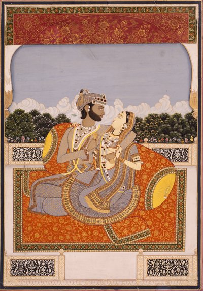 Et par omfavner på en terrasse, ca. 1835 (ugennemsigtigt toilet, lak, guld og glas på papir) af Indian School