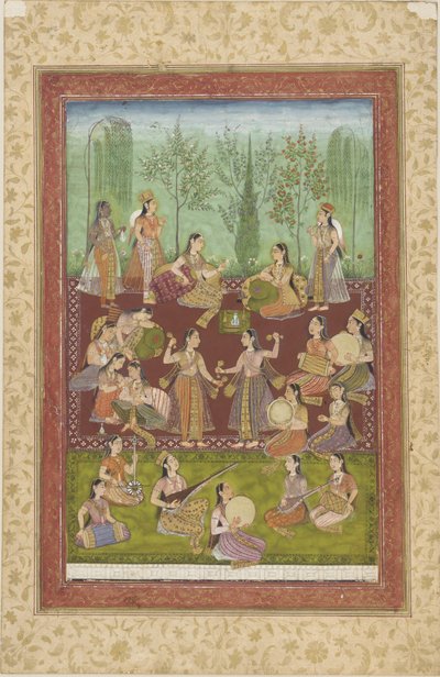 En gruppe kvinder i en have, der underholder sig selv med musik og dans (farve & guld på papir) af Indian School