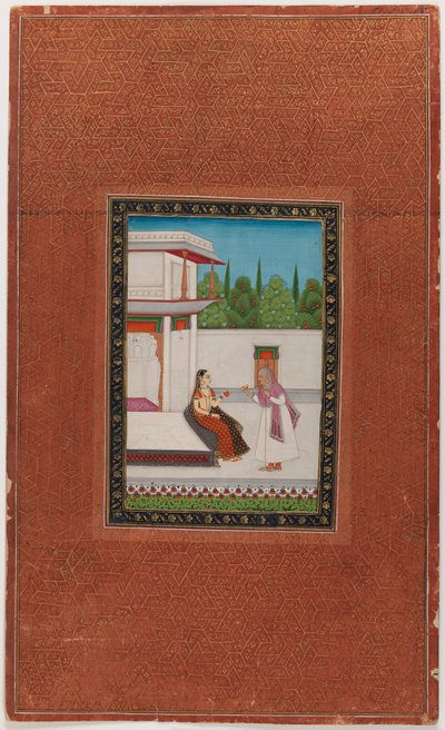 En dame og hendes ældre tjener, 1875-1900 (ugennemsigtigt wc & guld på papir) af Indian School