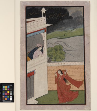 En dame kommer til sin elskers hus i et regnvejr, ca. 1830 (ugennemsigtig w/c og guld på papir) af Indian School