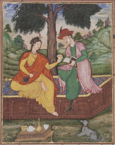 En mand og kvinde siddende under et træ, ca. 1590 (ugennemsigtigt wc på papir) af Indian School